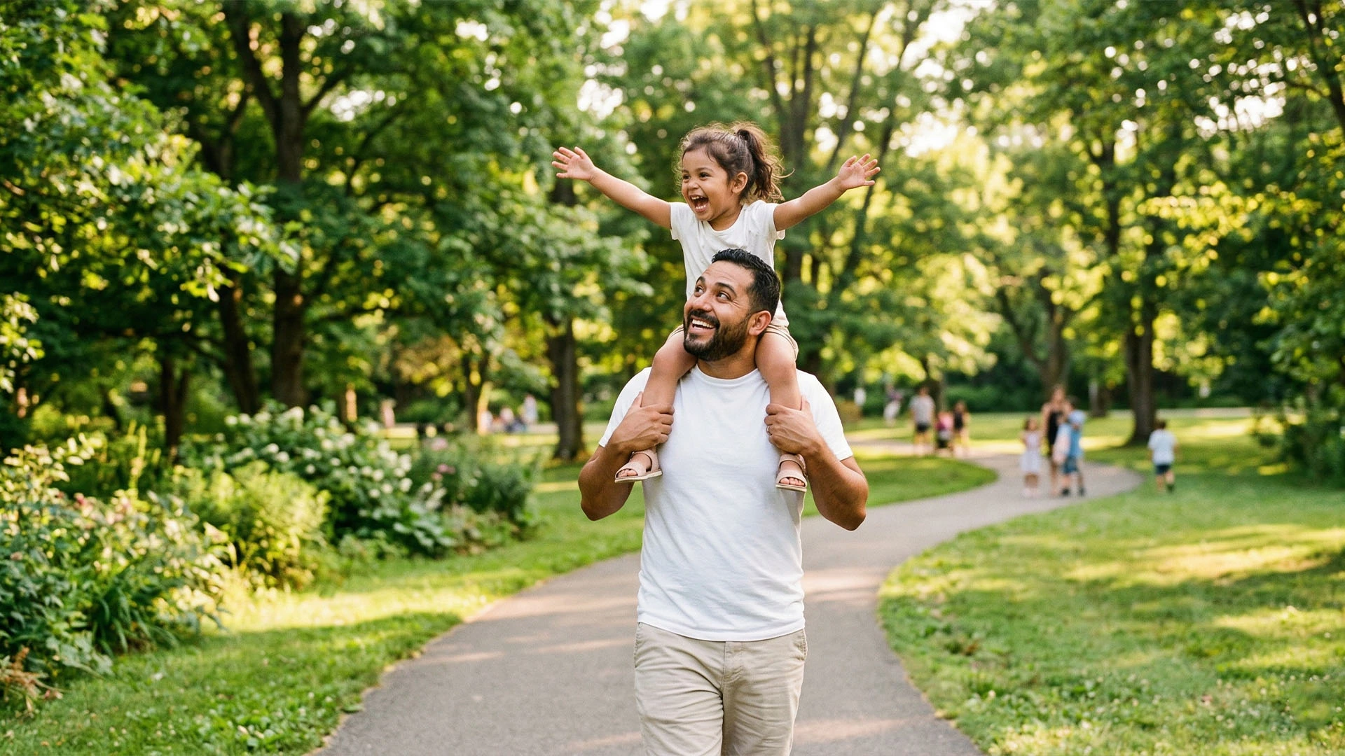 Father in his 40s carrying his daughter on his shoulders